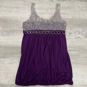 Charlotte Russe Purple Y2K Sequin Baby Doll Cut Out Balloon Stretch Tank Top